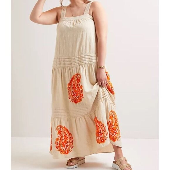 Anthropologie Felicity Light Tan Orange Embroidered Paisley Maxi Dress Size 2X - Picture 1 of 17